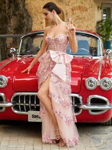 奢华闪亮亮片贴花舞会礼服，多层下摆，大蝴蝶结，精致薄纱正式晚礼服，高开叉细肩带，后背交叉，青少年返校节礼服 - 淺粉色 - 查看 6