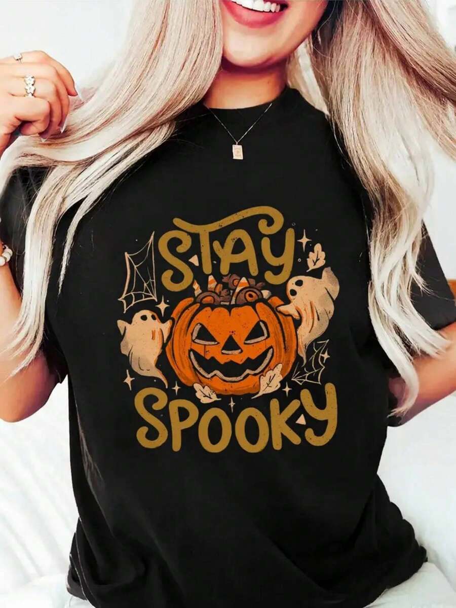 Camiseta Gráfica de Halloween para Mujer - Estampado de Calabazas y Fantasmas Espeluznantes - Camiseta Casual Negra y Dorada - Algodón Suave y Transpirable para Fiestas de Halloween y Uso Diario - Ropa de Verano Lavable a Máquina, Diseño Divertido - Oscuro - Ver 1