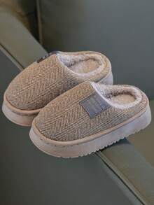 儿童拖鞋 秋冬简约亲子款，幼儿/小童/儿童室内家居毛绒拖鞋，保暖卧室软底防滑家居鞋 - 卡其色 - 查看 1