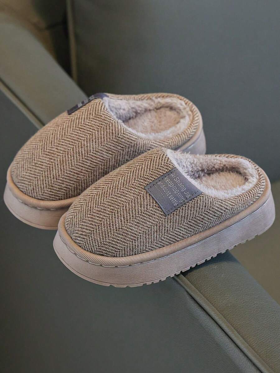 儿童拖鞋 秋冬简约亲子款，幼儿/小童/儿童室内家居毛绒拖鞋，保暖卧室软底防滑家居鞋 - 卡其色 - 查看 1