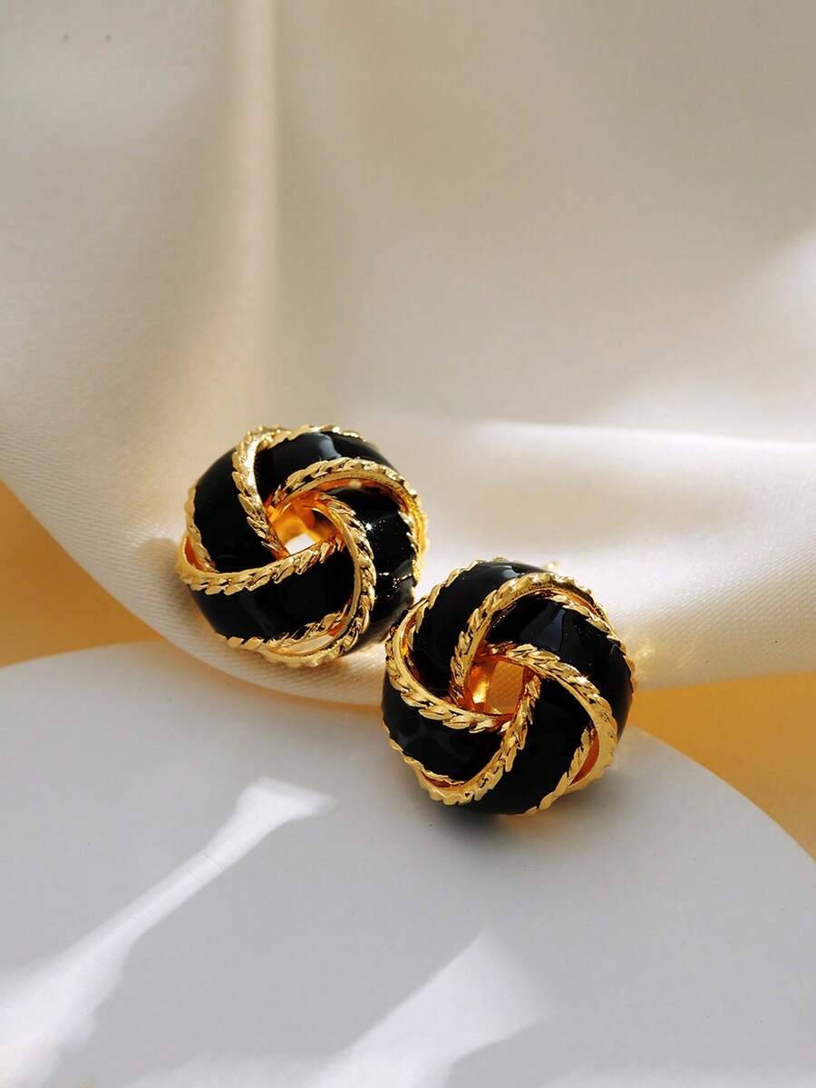 2pcs Maillard Earrings, Beige & Gold Color Earrings For Women, Unique Design, Retro French Style, Warm Color Elegant Earrings - Black - View 1