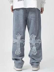 China-Chic High Street Cross Patch Jeans Male Hip Hop Ruffian Shuai Fried Street Straight Tube Loose Leg Pants - Màu xanh lam - Xem 3