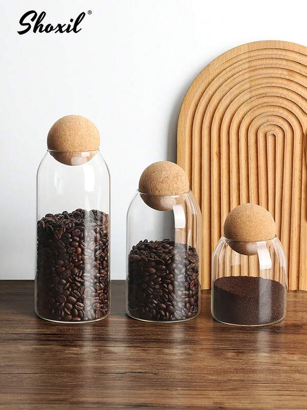 shoxil 1Pc Coffee Storage Jar, Glass Wooden Ball Lid Storage Bottle, Special Preservation Jar For Pour-Over Coffee, Tea Jar Storage Display Storage Bottle, Sealed Jar, Suitable For Kitchen Storage, Cafes And Festival Parties