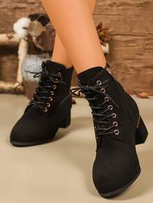 秋冬新款粗跟系带黑色靴子，女士优雅百搭金属扣侧拉链踝靴 - 黑色 - 查看 5