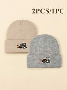 2pcs/1pc Kids Construction Vehicle Embroidered Knit Hat, Simple Versatile Unisex Warm Beanie For Autumn/Winter, Suitable For Daily Wear, Outdoor Play, Holiday Birthday Gift - Multicolor - View 1