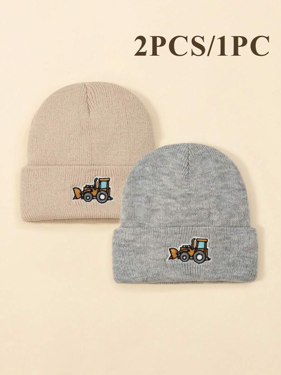2pcs/1pc Kids Construction Vehicle Embroidered Knit Hat, Simple Versatile Unisex Warm Beanie For Autumn/Winter, Suitable For Daily Wear, Outdoor Play, Holiday Birthday Gift - Multicolor - View 1
