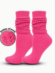 1 Pair Women's Mid-Calf/Knee High Slouch Socks, Solid Color Warm Socks, Cozy - Hot Pink - View 7
