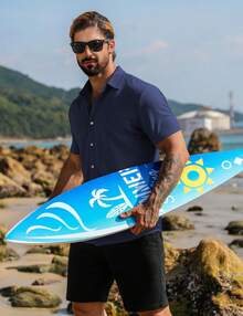 URRU Men's Muscle Dress Shirts Collared Stretch Short Sleeve Casual Button Down Shirts For Men - Màu xanh hải quân - Xem 4