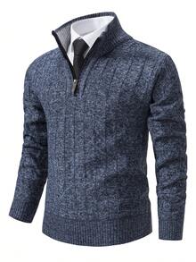 Men's Sweater Knitted Top Long-Sleeved Pullover Autumn And Winter Plus Velvet Thick Warm Sweater Zipper Half Cardigan No Hood Stand Collar Solid Color Home Clothes Casual Hiking Sports Wear - 藍色 - 查看 9