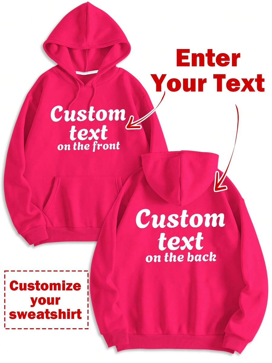 Customized Women's Fleece Sweatshirt With Pockets - Customizable Front And Back Of Sweatshirt, Add Your Own Text, Choose Color And Font, As A Gift For Girlfriend, Family Or Yourself. - Hot Pink - View 1
