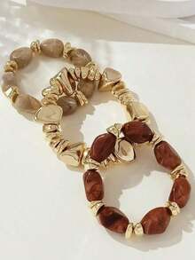3pcs Vintage Multi-Layer Brown Acrylic Beaded Bracelet, Transformable Gold Chip Bracelet, For Women, Couples, Party, Daily Wear - Bộ 3 vòng tay E - Xem 5