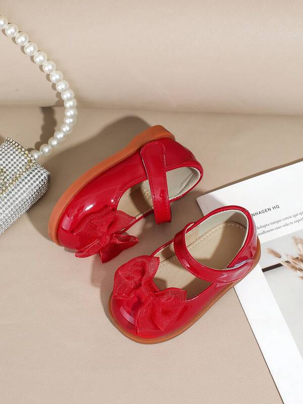 1 Pair Children's Flat Shoes Made Of PU Material With Ribbon Bow Decor, Simple Design Suitable For Spring/Summer Parties And Outdoor Activities