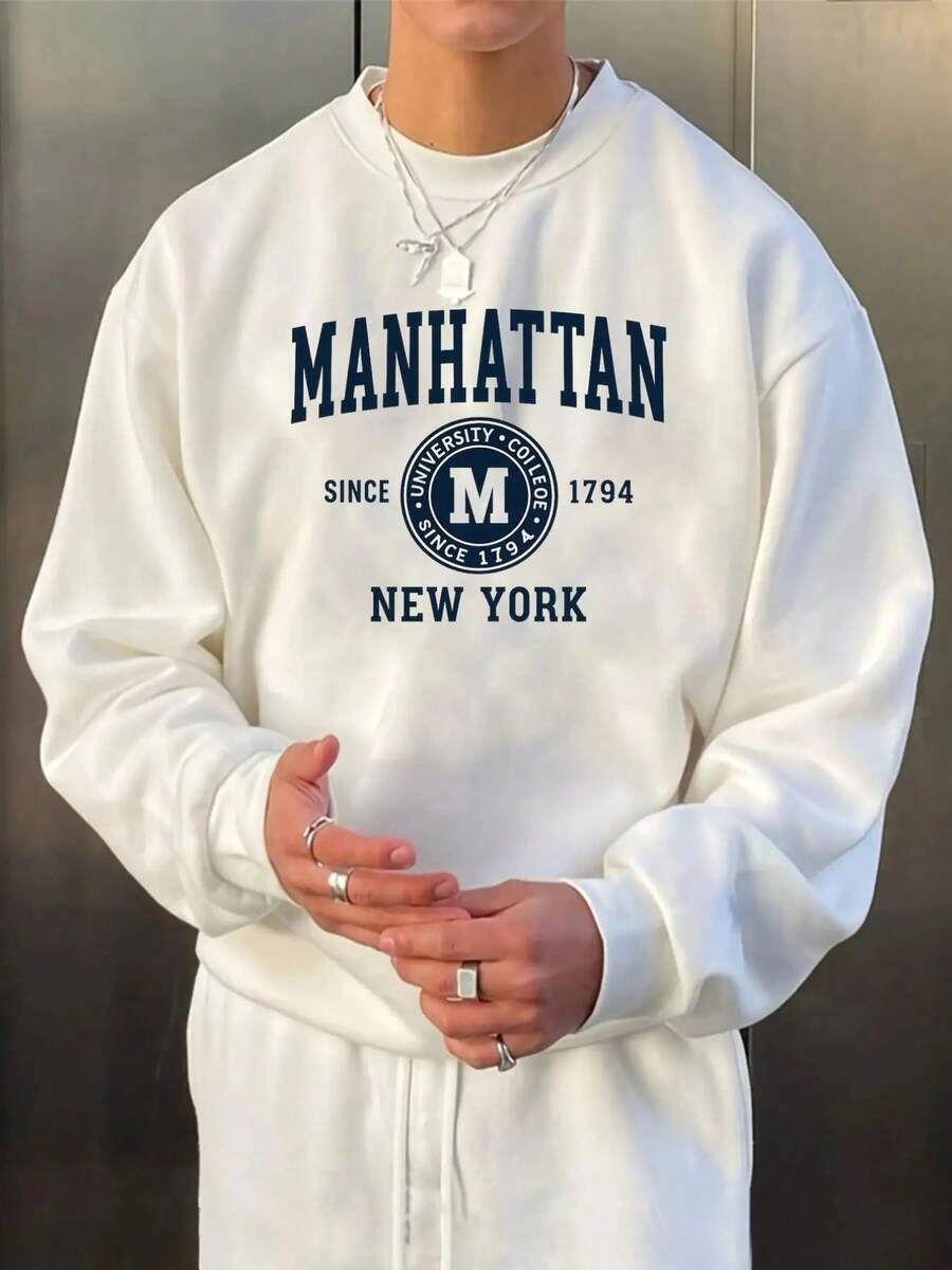 Manhattan University New York Men's Retro Preppy Style Sweatshirt - White With Blue Lettering And An "M" Logo, Cotton Blend Long-Sleeved Crew Neck Pullover, Suitable For Casual Streetwear For College Students And Alumni, Machine Washable Fall/Winter Sweater, Men's Printed Sweatshirt. - 白色 - 查看 1
