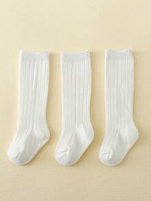 3双装女童竖条纹过膝袜，白色百搭优雅女士休闲中筒袜，四季皆宜 - 彩色 - 查看 6