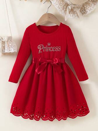 Kleine Mädchen Valentinstag Prinzessin Muster & einfarbiges langärmliges elegantes Flockkleid mit rundem Ausschnitt und Gürtel