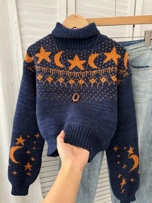 1pc Hipster Cropped Mock Neck Polyester Jacquard Sweater With Moon & Star Galaxy Print, Casual Street Style, Autumn/Winter