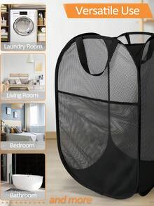 Collapsible Pop-Up Laundry Hamper Basket: Features Sturdy Handles & Side Pocket, Breathable Mesh & One-Second Pop-Up/Collapse Design.  For Efficient Dirty Clothes Storage & Easy Transport.  Perfect For Dorm Rooms, College Life, Laundry/Bathroom Organization, Travel & Small Spaces.  Ideal For Students, Travelers, Space-Saving Homes.  Black. - 黑色 - 查看 7