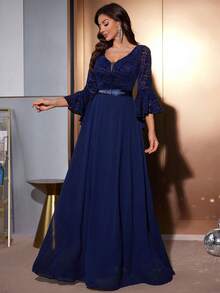 MIUSOL Tiefer V-Ausschnitt Blumen Spitze Kontrast Chiffon Glockenärmel mit Strass Taille Formelles Party Kleid, elegantes Abendkleid für Abschlussball, Hochzeitsgast, Graduierung, Dinner - marineblau - Übersicht 6