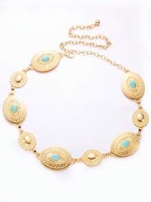 1 chiếc dây thắt lưng hình bầu dục khảm ngọc lam phong cách Bohemian tông vàng, phụ kiện trang sức thời trang cho nữ, đa năng cho váy và đầm - Vàng - Xem 2