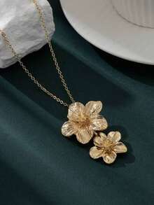 Elegant Double Metal Flower Golden Pendant Necklace Exquisite Necklace Jewelry Suitable For Daily Commute Date Matching Workplace Outfits Party Decoration Festival Gifts - 金黃色 - 查看 4
