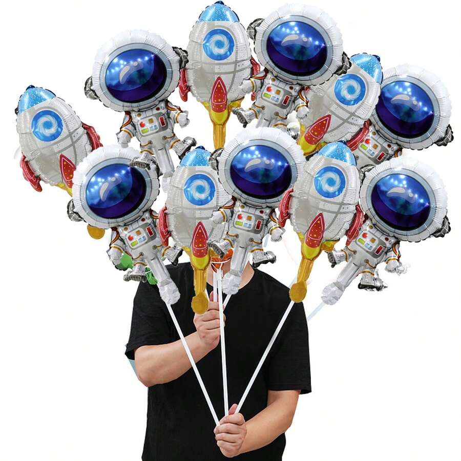 10 个随机迷你火箭宇航员铝箔气球，太空主题派对，儿童生日，节日，新年装饰 - 彩色 - 查看 1