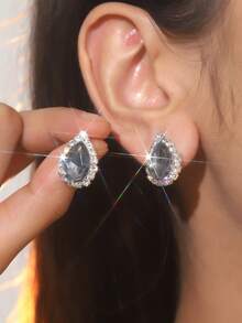 復古淚滴水晶水鑽耳環釘狀首飾適合女士1對 - 銀色 - 查看 6
