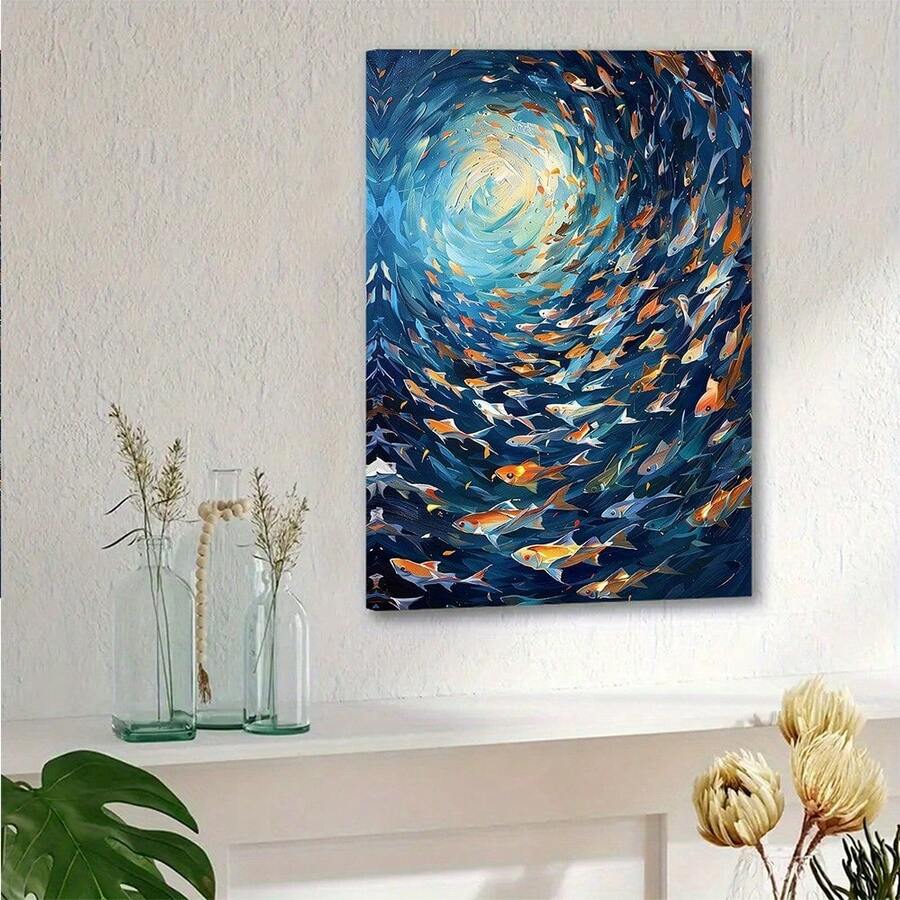 Peinture sur canevas abstraite de l'océan bleu avec des poissons, style vintage pour décoration murale de chambre, salon, bureau - cadeau parfait pour les fêtes