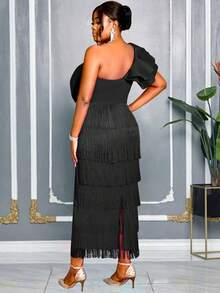 AOMEI Women's Plus Size Black One Shoulder Midi Dress With Oversized Bow & Tiered Fringe Skirt Glam Formal Outfit For Valentine's Day, Galas, Dates, Parties, Weddings, Bridesmaid Duties & Graduation Spring Evening Dress Collection - Black - View 2