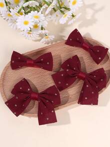 4pcs Red Fabric Bow Hair Clips For Girl, Pastel Colored Hair Bows Decor With Golden Polka Dot, Soft Daily Wear Hair Barrettes, Sweet Girls Hairpins, Teens Hair Accessories