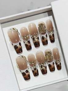10 szt. Czystych, ręcznie robionych, prasowanych paznokci, długich, w kształcie trumienki, brązowych, francuskich, uroczych, vintage'owych, wykwintnych, modnych paznokci w panterkę dla kobiet i dziewcząt, na jesień i zimę, na festiwale, imprezy świąteczne i codzienne życie