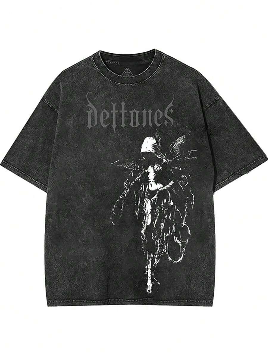 Retro Limited Edition Retro Sub-Tone T-Shirt, Rock Band Heavy Metal Neutral Cotton Pattern Washed TeeGothic Punk Grunge Emo Y2K Clothes, Rock Music Merch. - 黑色 - 查看 1