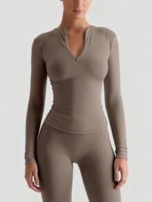 XLLAIS Women's Fashionable Zip Collar Solid Color Tight Fit T-Shirt, Stretchy Long Sleeve Casual Sports Top - Brown - View 3