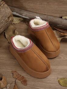女士毛绒厚底拖鞋，秋冬新款人造保暖内衬套脚坡跟凉鞋，时尚百搭，蓬松拖鞋 - 棕色 - 查看 3