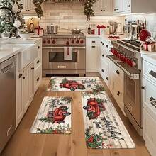 1/2/3 Pcs Christmas Kitchen Mat, Rustic Wooden Christmas Car And Christmas Tree Pattern, "The Most Wonderful Time Of The Year" Holiday Decor, Polyester Crystal Velvet Anti-Fatigue Mat, Non-Slip, Washable, Suitable For Home, Bedroom, Living Room, Kitchen, Bathroom, Entryway And More. - Multicolor - View 5