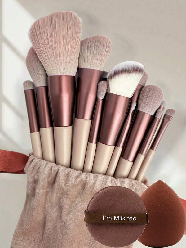 13pcs Makeup Brush Set + 6pcs Brown Makeup Sponges, Eye Shadow, Foundation, BB Cream, Concealer Makeup Brushes, Soft All-In-One Makeup Tools For Women,Makeup Tools With Soft Fiber For Easy To Carrying, Set For Travel, Travel Goods, Vacation, Beach, Gift For Women&Girls
