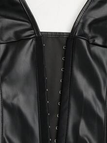 Yuwenier 性感复古 V 领 PU 皮革黑色吊带连衣裙弹力骨架露背侧拉链塑身衣褶皱连衣裙适合万圣节派对装 - 黑色 - 查看 6