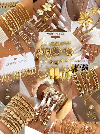 70/80/47/35/3 peças Elegante, Vintage, Robusto, Flor Empilhável Multipartida, Geométrico, Fita, Corrente, Pérola, Strass, Brilhante, Estrela do Mar, Concha, Torção, Resina, Contas Redondas, Estrela, Gota d'Água, Cobra, Borboleta, Oco, Enrolado, Trançado, Corrente em Formato de Y, Estampa de Leopardo, Folha, Esmalte Gotejante, Design Multicamadas, Corrente de Osso de Cobra, Corrente Trançada, Corrente de Elos Cubanos