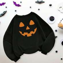 Sudadera Estampada Con Cuello Redondo Unisex, Sudadera De Cuello Redondo Para Hombre Y Mujer Con Estampado De Cara Calabaza, Sudadera Casual Ideal Para Halloween Y Dia De Muertos. - Negro - Ver 8
