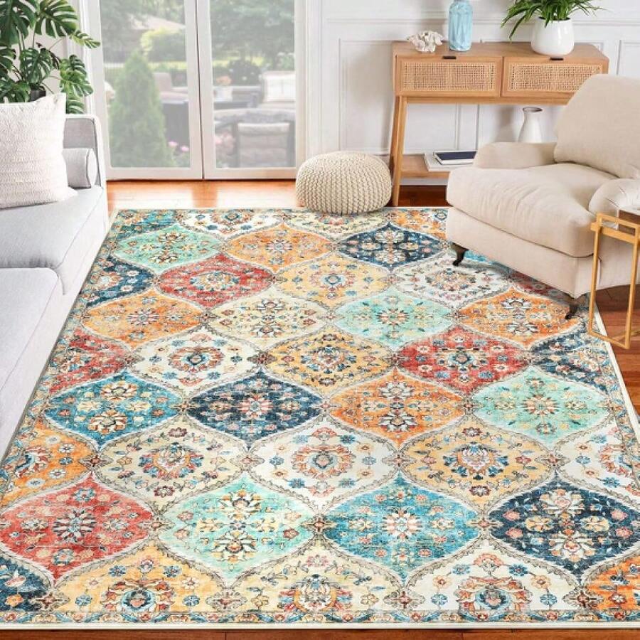 Washable Large Vintage Floral Trellis Non Slip Low Pile Stain-Resistant ...