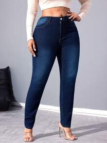 Women's Fall Winter  Slim Fit Pants Long Skinny Denim Jeans With Pockets And Zipper For Everyday Casual Style - Dark Wash - View 3