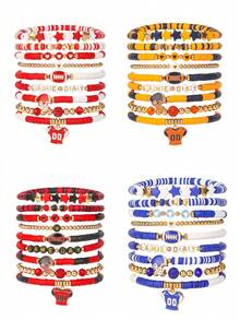 9pcs/Set Stackable Elastic Bracelets For Women, Sports Soft Ceramic & Beaded Soccer Fan Jewelry, Suitable For Daily And Sports Use (Bead And Soft Ceramic Colors Random - No Card Paper)