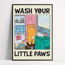 1 cartellone murale in tela, Lava le tue zampine, cartellone con uno stile artistico unico che raffigura un gatto vicino al lavandino, adatto per la decorazione artistica in camere da letto, soggiorni o appartamenti. Include regali di murali senza cornice o con cornice, estetica per la decorazione della stanza, decorazione della parete, decorazione vintage della stanza e raffinata decorazione della parete.