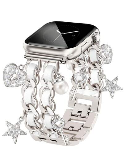 1PC Starlight Key Lock Pendant Chain Metal Band Compatible With Apple Watch Bands 49/46/45/44/42/41/40/38mm Women,Stylish Cowboy Link With Cute Love Charms Pendants Dressy Wristband For Series 10 Ultra 2 9 8 7 6 5 4 3 2 SE