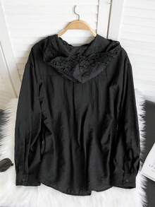 法式镂空钩针连帽长袖衬衫，宽松街头风格时尚优雅薄款女士衬衫，秋冬