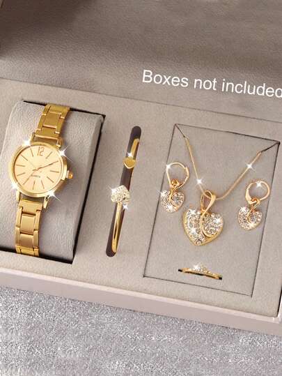 1 Set Fashionable Gold Tone Dial Quartz Watch & Gold Heart Rhinestone Bracelet, Necklace, Ring, Earrings Jewelry Set, Alloy Case And Strap, Suitable As Christmas, Birthday Gift For Her, Versatile Item, Adjustable Watch Strap