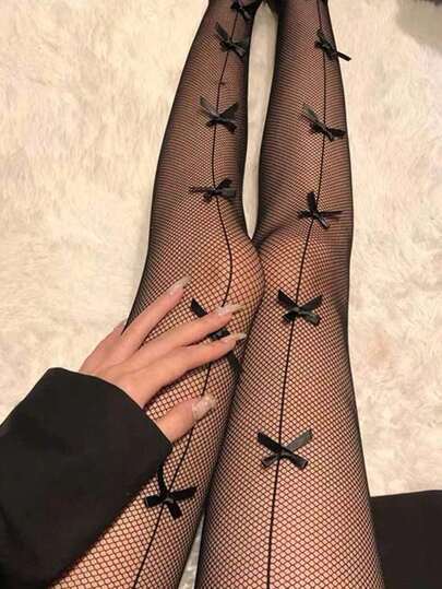 1pc Bow Decor Fishnet Tights, Bow Detail Fishnet Stockings, Christmas Gift, Sexy Black Hollow Out Butterfly Mesh Tights