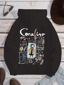 Cartoon Graphic Print Long Sleeve Pocket Dropped Shoulder Casual Sweatshirt - Black - View 3