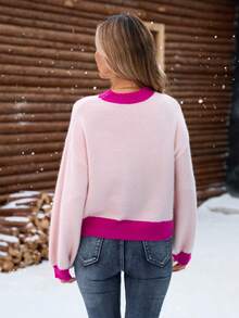 Damen Herbst/Winter hochwertiger Pullover mit Kontrastfarben, Rundhalsausschnitt, Langarm, Strick-Top