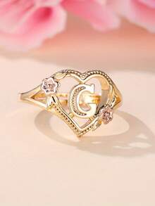 Tsnamer 1枚精美立方氧化锆金色字母心形戒指，26个字母A-Z可定制姓名花朵图案，可调节开口手镯式戒指，适合女性和女孩日常佩戴，生日珠宝礼物 - 金黃色花朵 - 查看 20