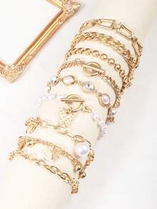 Set de 8 piezas de pulseras elegantes con mariposas, perlas falsas y rhinestones para mujeres, adecuadas para uso diario y fiestas - Oro 1485 - Ver 19
